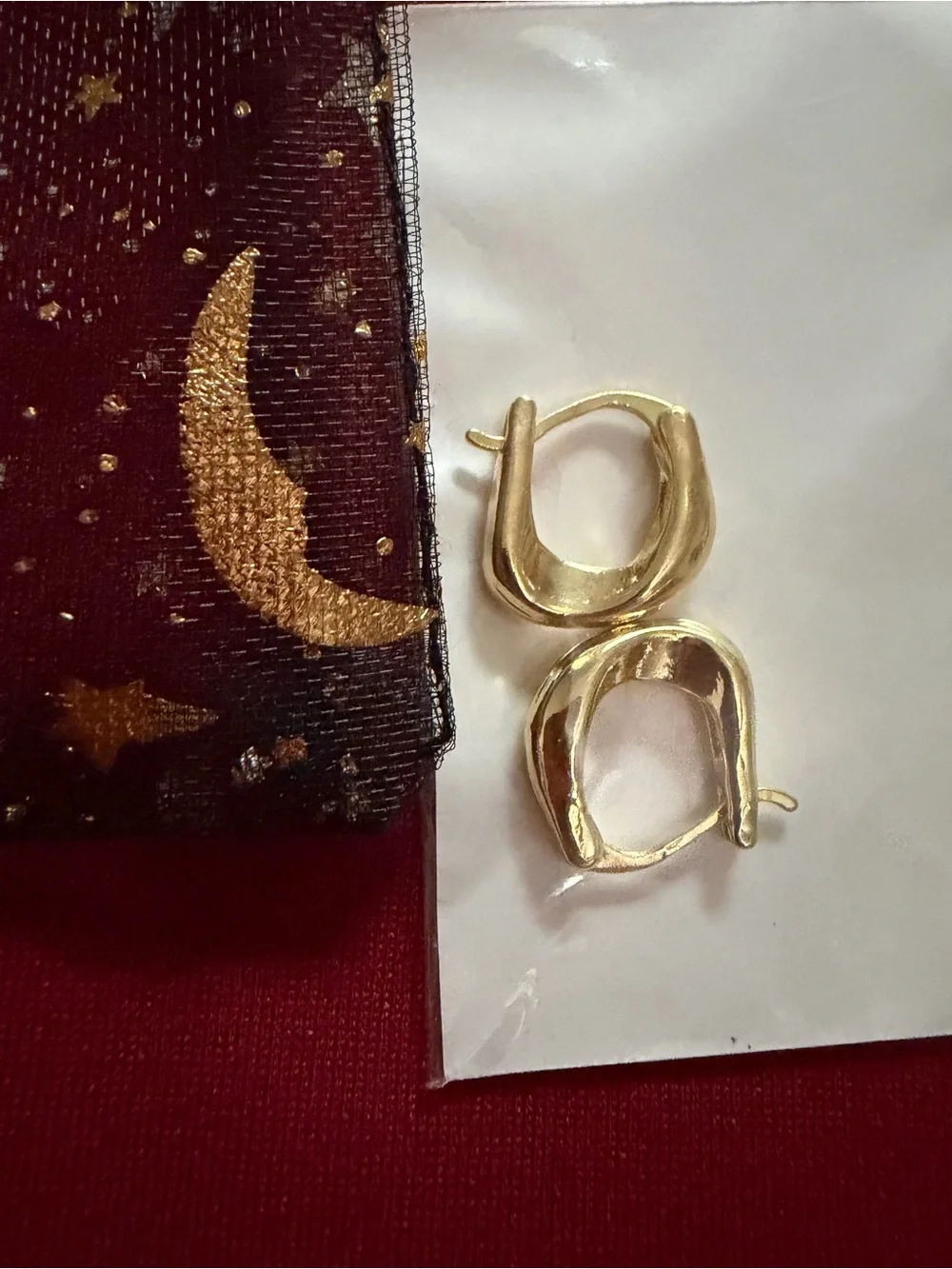 Gold Accent Star & Moon Drawstring Jewelry Pouch - Gold Tone Hoop Earrings